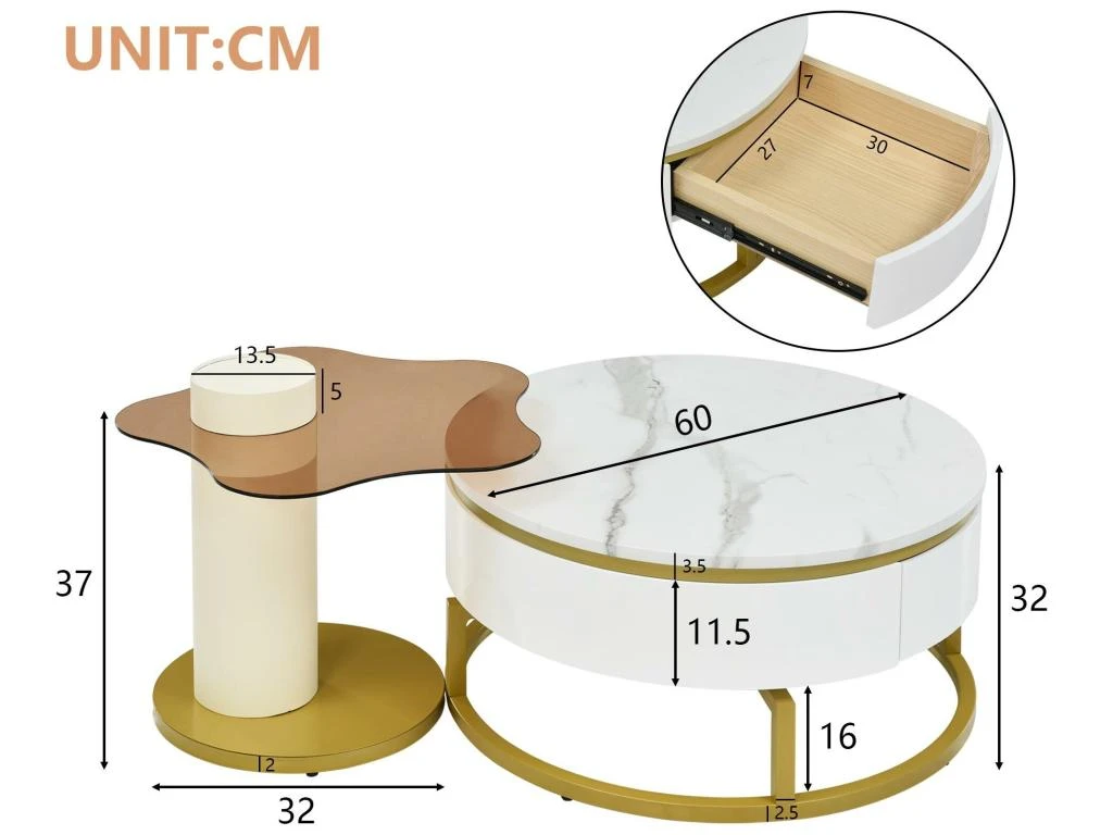 Lot De 2 Tables Gigognes - Aspect Marbre - Rotative à 360° - Blanc Brillant 7 Lot De 2 Tables Gigognes - Aspect Marbre - Rotative à 360° - Blanc Brillant – Image 5