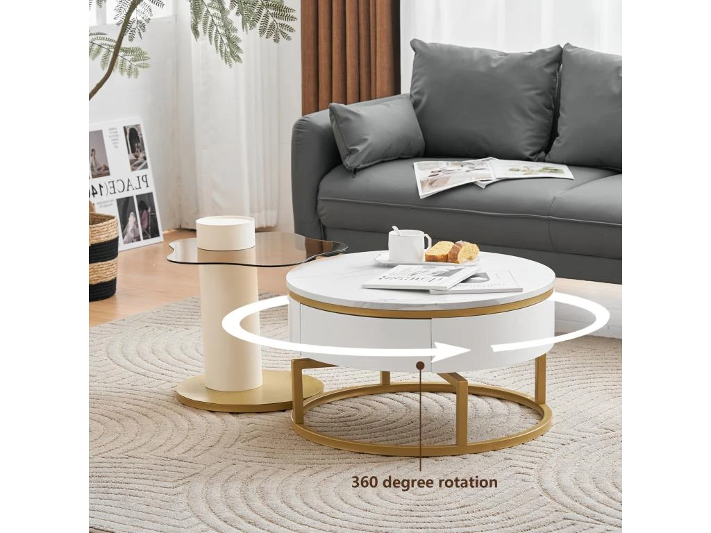 Lot De 2 Tables Gigognes - Aspect Marbre - Rotative à 360° - Blanc Brillant 9 Lot De 2 Tables Gigognes - Aspect Marbre - Rotative à 360° - Blanc Brillant – Image 7