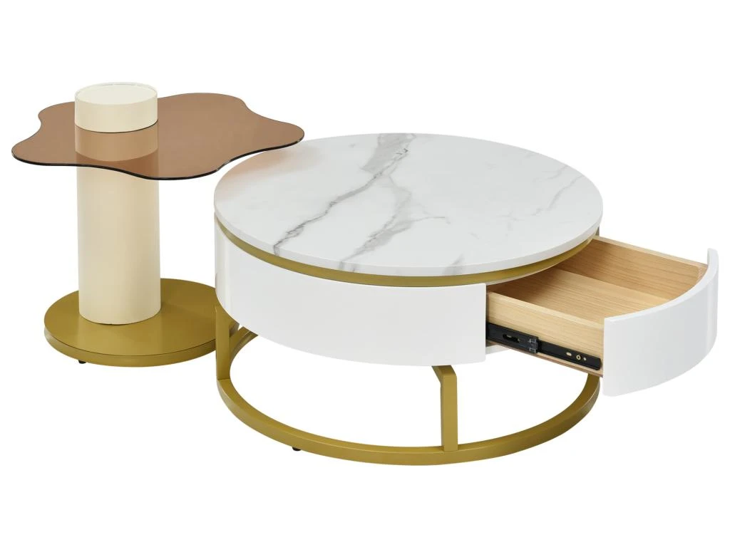 Lot De 2 Tables Gigognes - Aspect Marbre - Rotative à 360° - Blanc Brillant 10 Lot De 2 Tables Gigognes - Aspect Marbre - Rotative à 360° - Blanc Brillant – Image 8