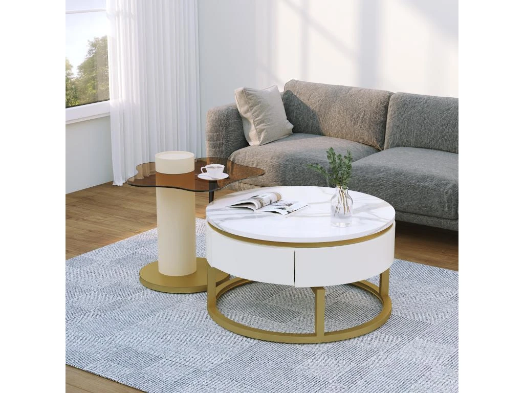 Lot De 2 Tables Gigognes - Aspect Marbre - Rotative à 360° - Blanc Brillant 11 Lot De 2 Tables Gigognes - Aspect Marbre - Rotative à 360° - Blanc Brillant – Image 9