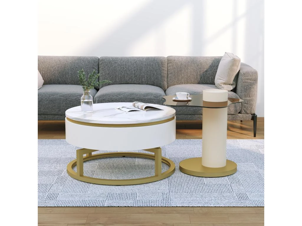 Lot De 2 Tables Gigognes - Aspect Marbre - Rotative à 360° - Blanc Brillant 12 Lot De 2 Tables Gigognes - Aspect Marbre - Rotative à 360° - Blanc Brillant – Image 10