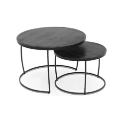 Table Basse Gigogne Ronde En Bois Massif Exotique. Finition Noir. Collection LARSON.