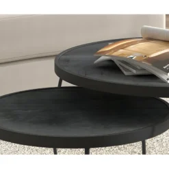 Table Basse Gigogne Ronde En Bois Massif Exotique. Finition Noir. Collection LARSON. -Pas Cher Mobiliora Magasin table basse 22130037