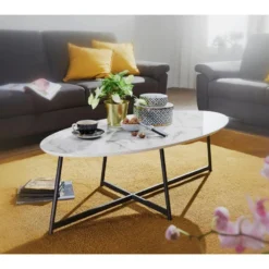 Table Basse Table De Salon Ovale Aspect Marbre Table D'appoint Blanche En Métal -Pas Cher Mobiliora Magasin table basse 22257947