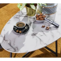Table Basse Table De Salon Ovale Aspect Marbre Table D'appoint Blanche En Métal -Pas Cher Mobiliora Magasin table basse 22257951