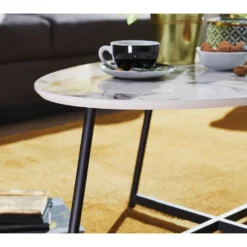 Table Basse Table De Salon Ovale Aspect Marbre Table D'appoint Blanche En Métal -Pas Cher Mobiliora Magasin table basse 22257953
