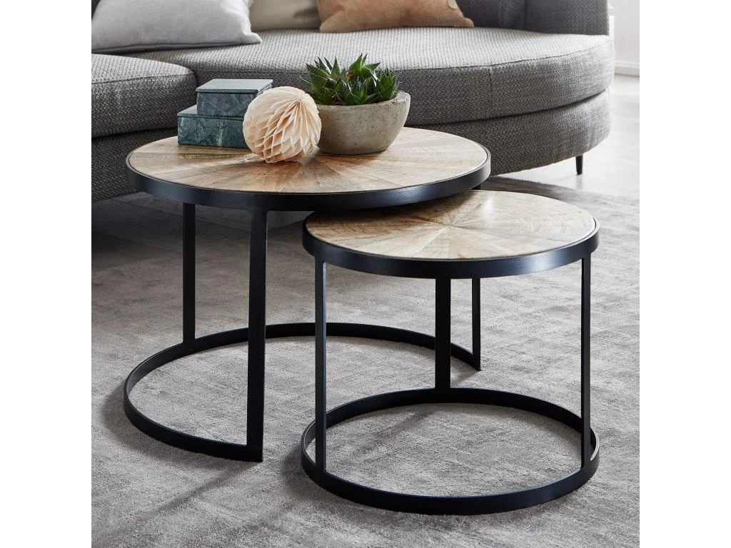 Table Basse De Salon Lot De 2 Table Canapé Bois Metal Industriel Ronde 4 Table Basse De Salon Lot De 2 Table Canapé Bois Metal Industriel Ronde – Image 2
