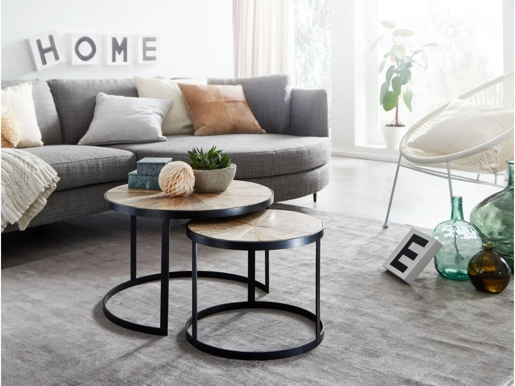 Table Basse De Salon Lot De 2 Table Canapé Bois Metal Industriel Ronde 5 Table Basse De Salon Lot De 2 Table Canapé Bois Metal Industriel Ronde – Image 3