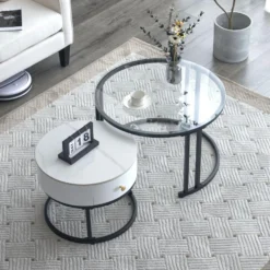 Lot De 2 Tables Gigognes Avec Tiroir - Plateaux En Verre Et Marbre - Blanc -Pas Cher Mobiliora Magasin table basse 22449185