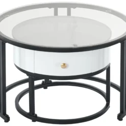 Lot De 2 Tables Gigognes Avec Tiroir - Plateaux En Verre Et Marbre - Blanc -Pas Cher Mobiliora Magasin table basse 22449187