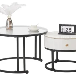 Lot De 2 Tables Gigognes Avec Tiroir - Plateaux En Verre Et Marbre - Blanc -Pas Cher Mobiliora Magasin table basse 22449189