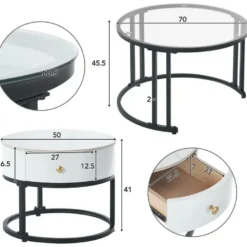 Lot De 2 Tables Gigognes Avec Tiroir - Plateaux En Verre Et Marbre - Blanc -Pas Cher Mobiliora Magasin table basse 22449191