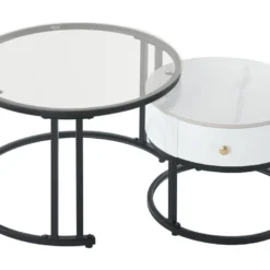 Lot De 2 Tables Gigognes Avec Tiroir - Plateaux En Verre Et Marbre - Blanc -Pas Cher Mobiliora Magasin table basse 22449197