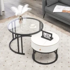 Lot De 2 Tables Gigognes Avec Tiroir - Plateaux En Verre Et Marbre - Blanc -Pas Cher Mobiliora Magasin table basse 22449199