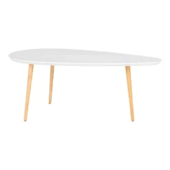 BEANNY - Table Basse Grand Modèle Forme Ovale Plateau MDF Blanc Pieds En Hévéa Naturel