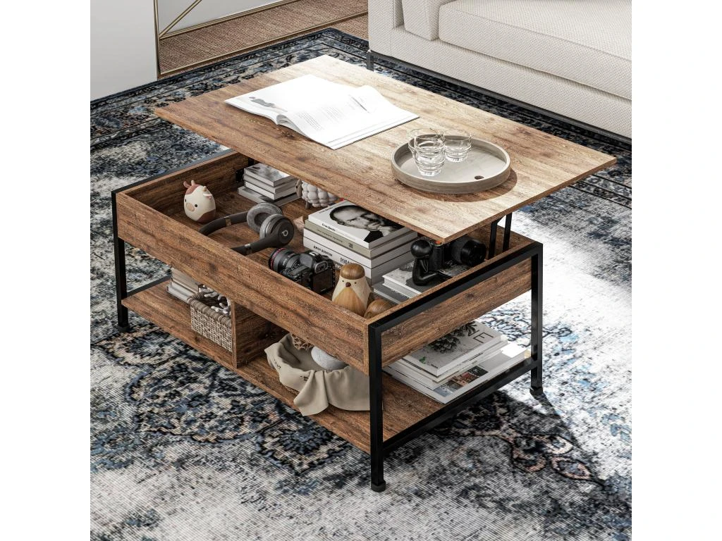 Table Basse Relevable - étagère Inférieure, Coffre De Rangement - Dim. 100L X 80l X 60H Cm - Aspect Bois Rustique Noir 3 Table Basse Relevable - étagère Inférieure, Coffre De Rangement - Dim. 100L X 80l X 60H Cm - Aspect Bois Rustique Noir