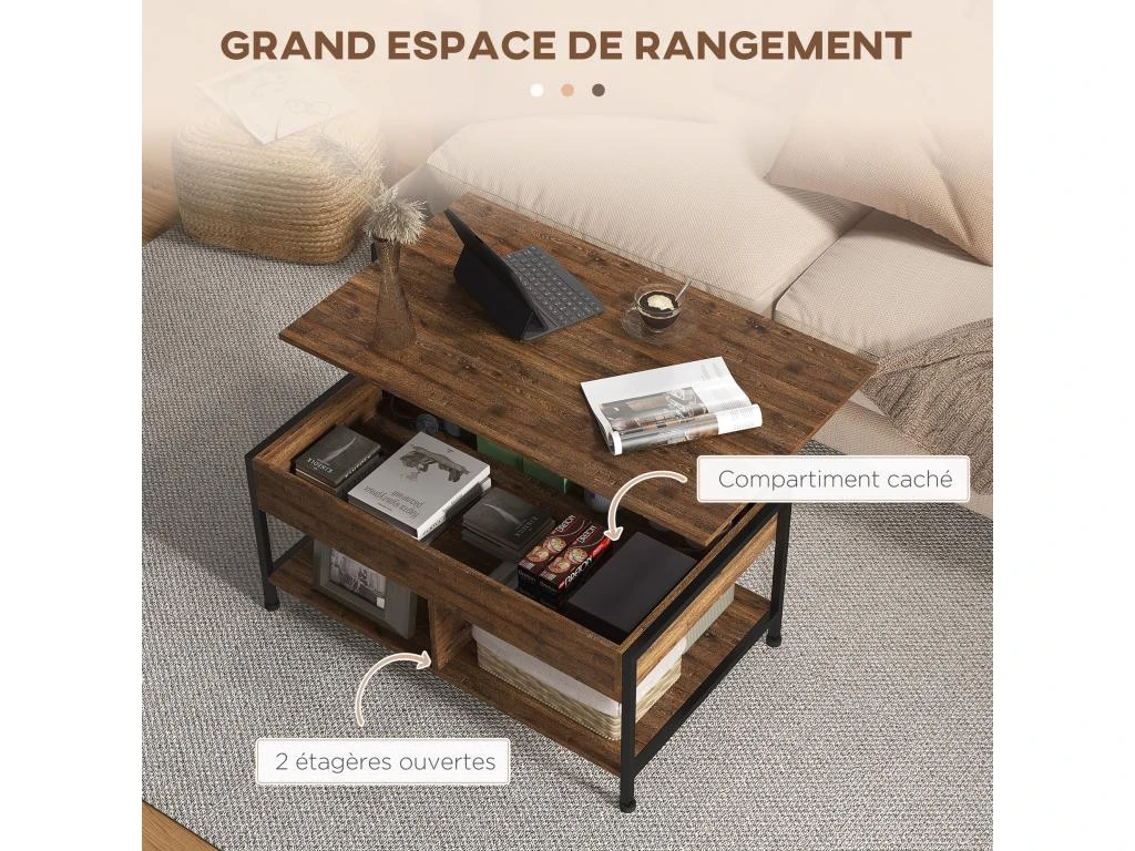 Table Basse Relevable - étagère Inférieure, Coffre De Rangement - Dim. 100L X 80l X 60H Cm - Aspect Bois Rustique Noir 6 Table Basse Relevable - étagère Inférieure, Coffre De Rangement - Dim. 100L X 80l X 60H Cm - Aspect Bois Rustique Noir – Image 4