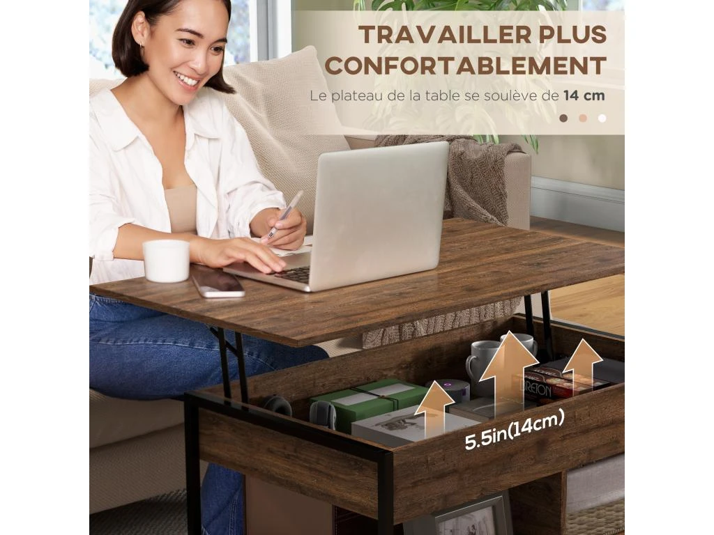 Table Basse Relevable - étagère Inférieure, Coffre De Rangement - Dim. 100L X 80l X 60H Cm - Aspect Bois Rustique Noir 7 Table Basse Relevable - étagère Inférieure, Coffre De Rangement - Dim. 100L X 80l X 60H Cm - Aspect Bois Rustique Noir – Image 5