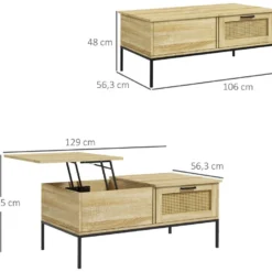 Table Basse Relevable Style Bohème Chic - 2 Tiroirs, Compartiment - Aspect Cannage Rotin PVC Panneaux Aspect Bois Clair -Pas Cher Mobiliora Magasin table basse 22963103