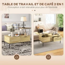 Table Basse Relevable Style Bohème Chic - 2 Tiroirs, Compartiment - Aspect Cannage Rotin PVC Panneaux Aspect Bois Clair -Pas Cher Mobiliora Magasin table basse 22963105