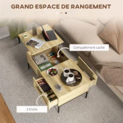 Table Basse Relevable Style Bohème Chic - 2 Tiroirs, Compartiment - Aspect Cannage Rotin PVC Panneaux Aspect Bois Clair -Pas Cher Mobiliora Magasin table basse 22963107
