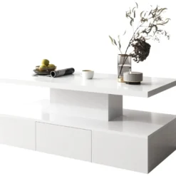 Table Basse Avec Tiroir Et LED - Finition Brillante - Blanc -Pas Cher Mobiliora Magasin table basse 22970161