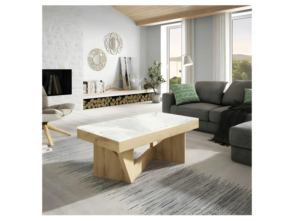 Table Basse Relevable Chêne Blond/Marbre Blanc Et Gris - POPLO 3 Table Basse Relevable Chêne Blond/Marbre Blanc Et Gris - POPLO