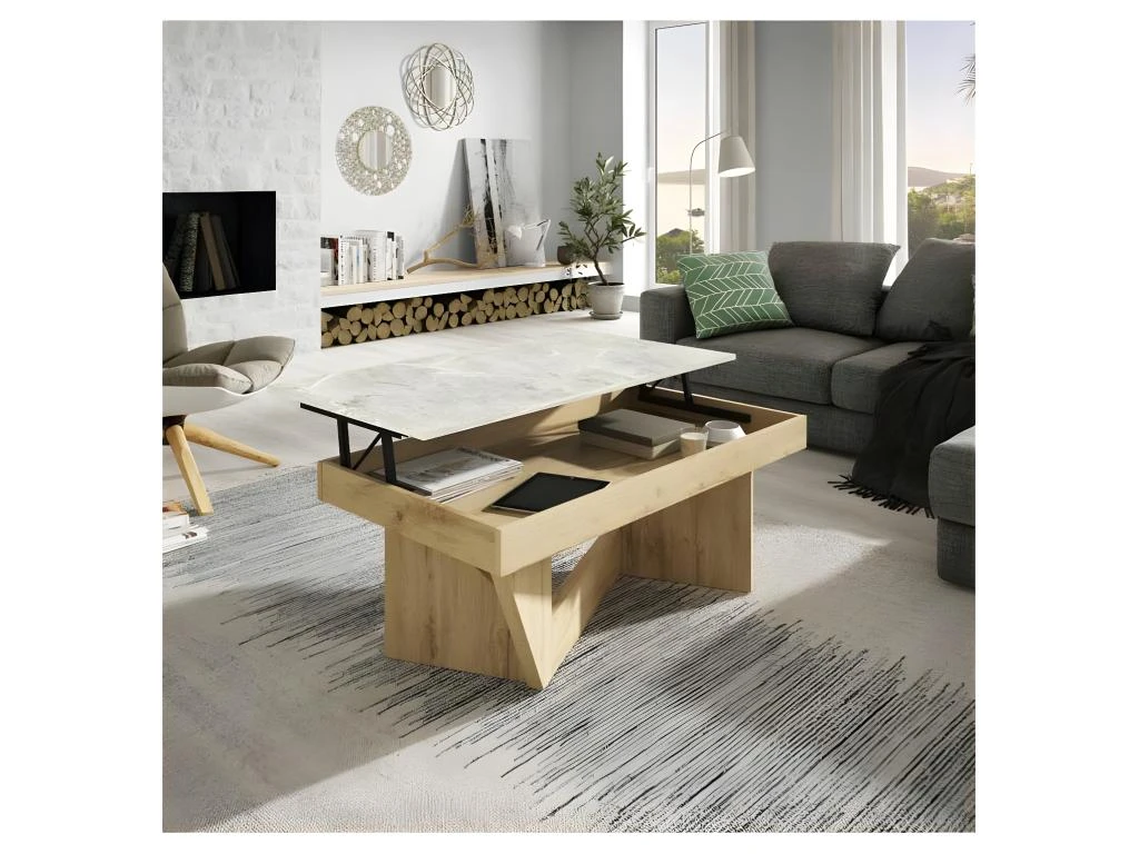 Table Basse Relevable Chêne Blond/Marbre Blanc Et Gris - POPLO 4 Table Basse Relevable Chêne Blond/Marbre Blanc Et Gris - POPLO – Image 2