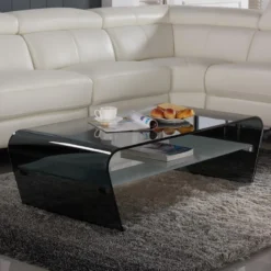 Table Basse - Verre Trempé Noir - Tablette Blanche Laquée - KELLY -Pas Cher Mobiliora Magasin table basse 241211