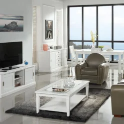 Table Basse GUERANDE - Plateau En Verre Trempé - Pin Blanc -Pas Cher Mobiliora Magasin table basse 244089