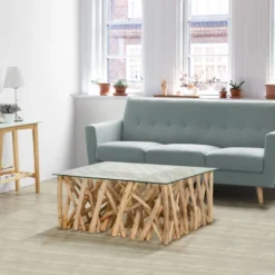 Table Basse En Verre Trempé Et Teck - Coloris : Naturel - GAYANA