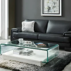 Table Basse GLOSSIE - Verre Courbé & MDF Laqué Blanc -Pas Cher Mobiliora Magasin table basse 300819