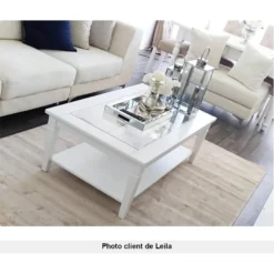 Table Basse GUERANDE - Plateau En Verre Trempé - Pin Blanc -Pas Cher Mobiliora Magasin table basse 305881
