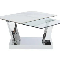 Table Basse Avec Plateaux Pivotants OXANA - Verre Trempé, Céramique Et Acier - Transparent Et Blanc -Pas Cher Mobiliora Magasin table basse 352167