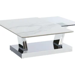 Table Basse Avec Plateaux Pivotants OXANA - Verre Trempé, Céramique Et Acier - Transparent Et Blanc -Pas Cher Mobiliora Magasin table basse 352169