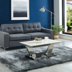 Table Basse Avec Plateaux Pivotants OXANA - Verre Trempé, Céramique Et Acier - Transparent Et Blanc -Pas Cher Mobiliora Magasin table basse 352171