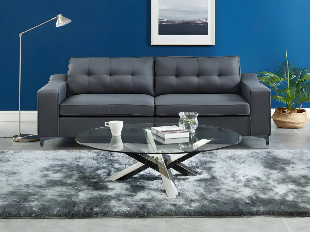 Table Basse Ronde LEONORA - Verre Trempé Et Pieds Croisés En Acier 4 Table Basse Ronde LEONORA - Verre Trempé Et Pieds Croisés En Acier – Image 2