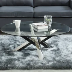 Table Basse Ronde LEONORA - Verre Trempé Et Pieds Croisés En Acier