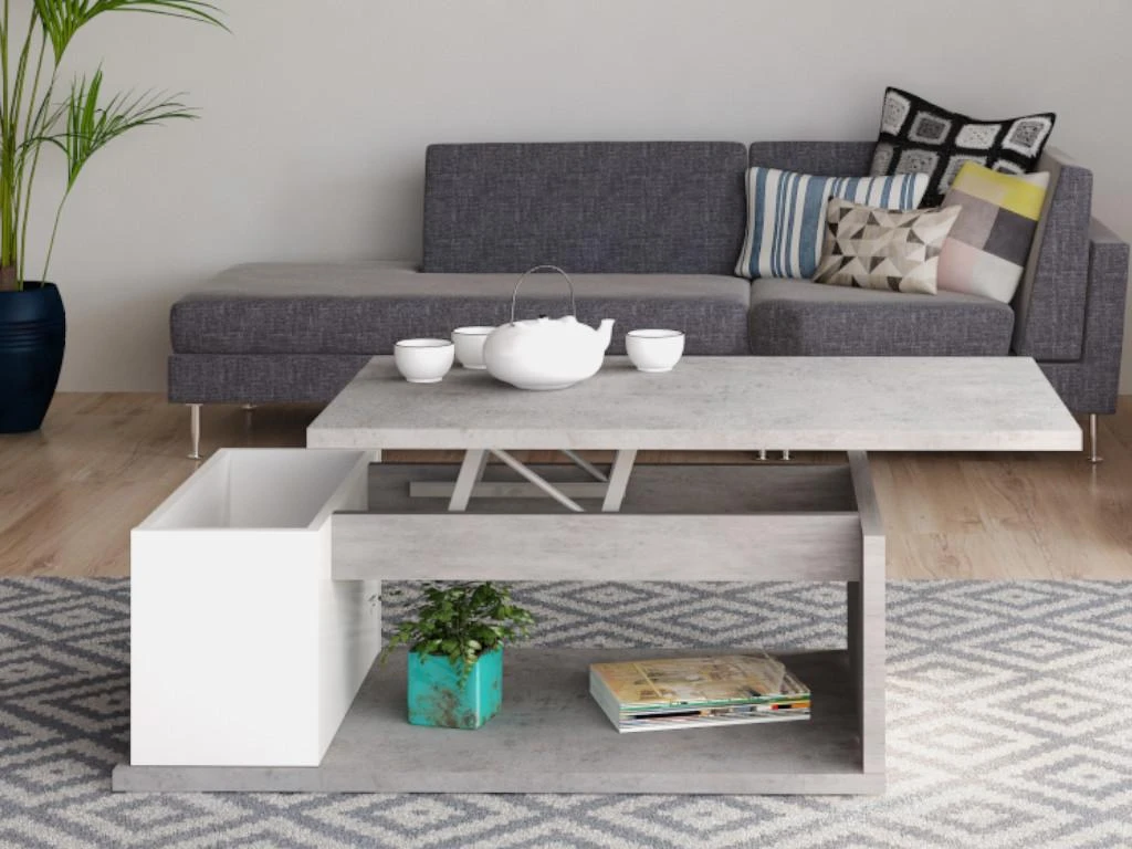 Table Basse ALDANA - Plateau Relevable - Bois & MDF - Béton Et Blanc 4 Table Basse ALDANA - Plateau Relevable - Bois & MDF - Béton Et Blanc – Image 2
