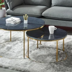 Tables Basses Gigognes ANGELA De Pascal MORABITO - Marbre Noir Et Métal Doré