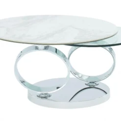 Table Basse Avec Plateaux Pivotants - Céramique, Verre Trempé Et Métal - Effet Marbre Blanc - JOLINE -Pas Cher Mobiliora Magasin table basse 388001