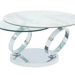Table Basse Avec Plateaux Pivotants - Céramique, Verre Trempé Et Métal - Effet Marbre Blanc - JOLINE -Pas Cher Mobiliora Magasin table basse 388015