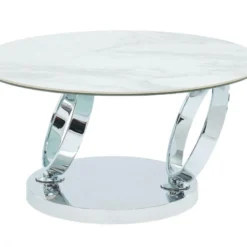 Table Basse Avec Plateaux Pivotants - Céramique, Verre Trempé Et Métal - Effet Marbre Blanc - JOLINE -Pas Cher Mobiliora Magasin table basse 388017