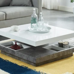 Table Basse - Plateau Pivotant - MDF Laqué Blanc Et Béton - FAUSTO II -Pas Cher Mobiliora Magasin table basse 398215