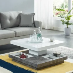 Table Basse - Plateau Pivotant - MDF Laqué Blanc Et Béton - FAUSTO II