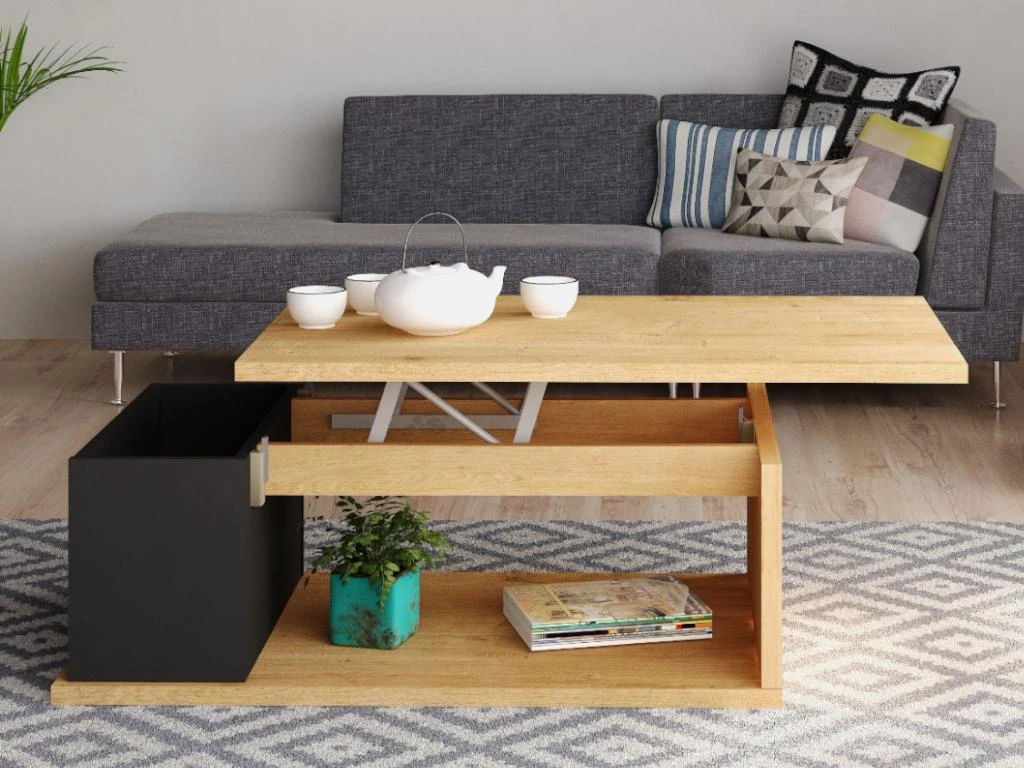 Table Basse ALDANA - Plateau Relevable - Bois Et MDF - Chêne Et Anthracite 4 Table Basse ALDANA - Plateau Relevable - Bois Et MDF - Chêne Et Anthracite – Image 2