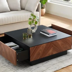 Table Basse Avec 2 Tiroirs - MDF - Coloris : Naturel Foncé Et Noir - ISMAEL -Pas Cher Mobiliora Magasin table basse 4047855