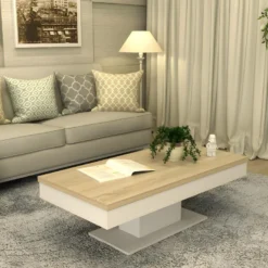 Table Basse ASTULIA - Avec Rangements - Blanc - Plateau Effet Chêne