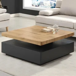 Table Basse KYRIA - 1 Tiroir & Plateau Pivotant - MDF - Coloris : Anthracite Et Chêne
