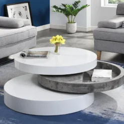 Table Basse Pivotante Ronde Avec 1 Niche En MDF - Béton Et Blanc - JANITA